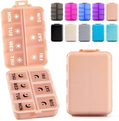 Foldable Portable 7 Day Pill Organizer 2 Times a Day, AM PM Weekly Pill Box