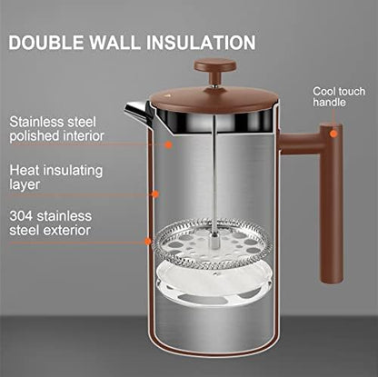 Secura French Press Coffee Maker, 304 Grade Stainless Steel Insulated Coffee Press with 2 Extra Screens, 34oz (1 Litre), Coffee (Pack of 2)
