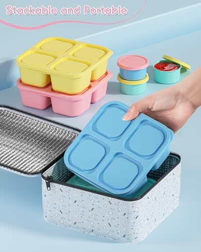 Canfanni 4 Pcs Snack Box Containers Set, Reusable 4 Compartment Lunchable Container with 2Pcs Sauce Containers, Stackable BPA-Free Bento Box for School, Work, Travel (4 Color)