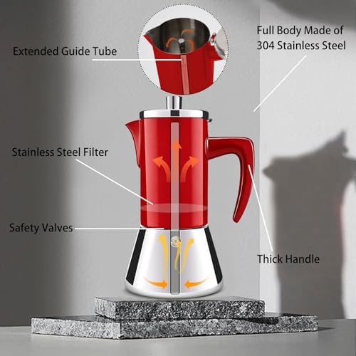 6 Cup Thickened 304 Stainless Steel Moka Pot Stovetop Espresso Maker Cafeteras Italian Percolator Espress Makers Capable Greca Mocha Coffee Machine for Induction Home and Camping 300ml 10oz