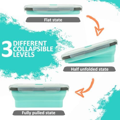 Collapsible Silicone Food Storage Containers Set with Lid & Air Vent,Foldable Lunch Containers(4PCS,Light Turquoise,27oz)