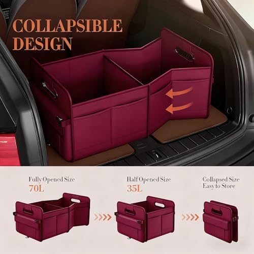 titiyiof Trunk Organizer SUV, Car Organizers and Storage, NOT-FLIMSY ANTI-SLIDE 70L Spacious Collapsible Sturdy Trunk Organizer for Grocery/Car Accessories/Women Men's Gift, Wine Red