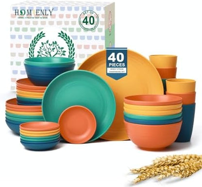 Homienly 40-Piece Unbreakable Wheat Straw Dinnerwave Sets Plates and Bowls Sets for Kitchen, RV, Dorm, Lightweight Camping Dishes Set, Service for 8, Microwave and Dishwasher Safe Dish Sets (Multi)