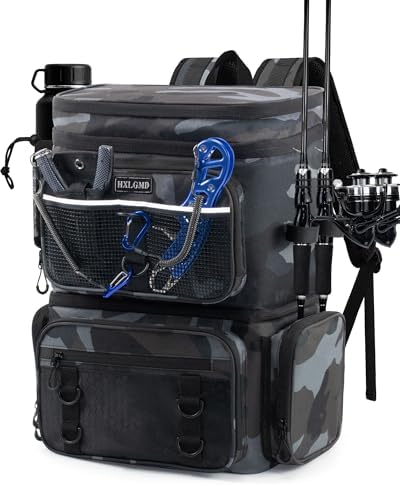 HXLGMD Fishing Backpack with Rod Holders, Double Layer Large Water-resistant Tackle Bag Store Gear with Cooler, Khaki