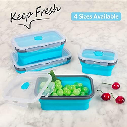 Collapsible Food Storage Containers with Airtight Lid & Air Vent, 4 Sizes, Kitchen Stacking Silicone Collapsible Meal Prep Container Set for Leftover, Microwave Freezer Dishwasher Safe, Blue, Set of 4