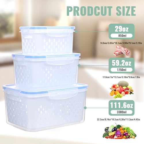 3 PCS Fruit Storage Containers for Fridge with Removable Colander