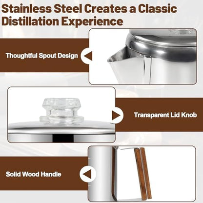 6 Cup Percolator 304 Stainless Steel Coffee Pot Coffee Maker Coffee Machine with Solid Wood Handle Transparent Knob Stovetop Greca Mocha for Induction Home and Camping 1000ml 33.8oz