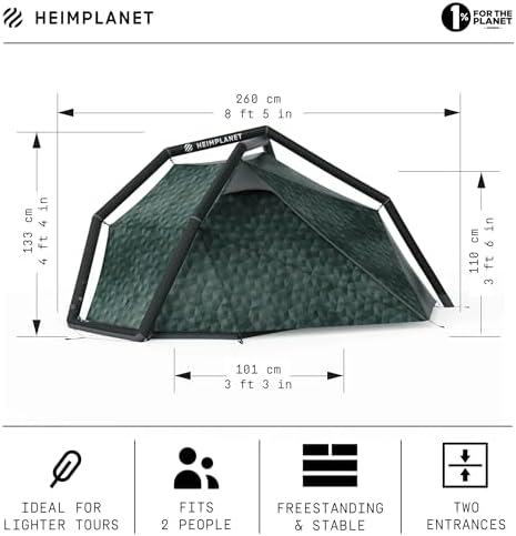 HEIMPLANET Original |FISTRAL V2, 1-2 Person Tent | Inflatable Camping Tent | Outer Tent and Tent Floor - 5000mm | No Tent Poles Required | Supports 1% for The Planet