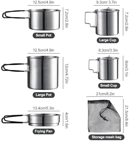Stainless Steel Camping Cookware Mess Kit - Portable Backpacking Cooking Set with Pot/Plates/Cups & Storage Bag, Outdoor Cookware for Hiking, Picnic, Camping & Backpacking Adventures（8PCS）