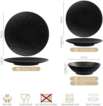 Unbreakable Melamine Dinnerware Sets 12 Pcs, Plates and Bowls Set for 4 with Hammered Textured Matte Finish, for Everyday Use Outdoor Camping RV Farmhouse, Dishwasher Safe BPA Free, Black