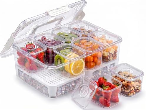 Chilled Snackle Box Container with Ice Tray - 8 Compartment Serving Tray with Lid & Handle, Leak-Proof & Odor-Free Snack Box, Portable Cold Food Platter for Picnic, Party, Travel, Road Trip