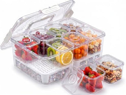 Chilled Snackle Box Container with Ice Tray - 8 Compartment Serving Tray with Lid & Handle, Leak-Proof & Odor-Free Snack Box, Portable Cold Food Platter for Picnic, Party, Travel, Road Trip