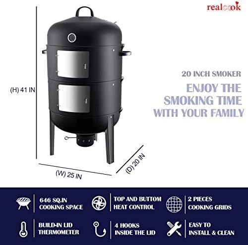 Realcook Charcoal BBQ Smoker Grill - 20 Inch Vertical Smoker