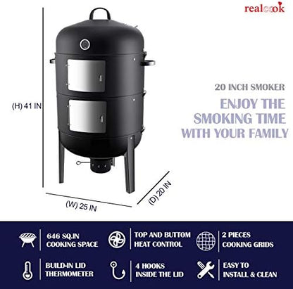 Realcook Charcoal BBQ Smoker Grill - 20 Inch Vertical Smoker