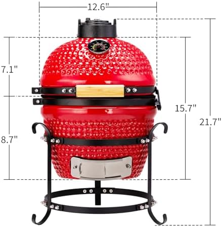 13" Portable Round Ceramic Charcoal Grill,Outdoor Barbecue Smoker,Heavy Duty Outdoor BBQ Grill,Vertical Camping Barbecue Grill,with Built-in Thermometer,for Garden Patio Beach Backyard (Red)