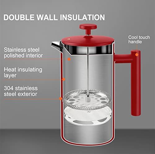 Secura French Press Coffee Maker, 304 Grade Stainless Steel Insulated Coffee Press with 2 Extra Screens, 34oz (1 Litre), Red