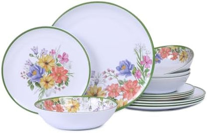 12-Piece Floral Melamine Dinnerware Sets, Green Camping Dishes Set