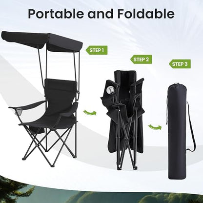 Portable Camping Chair 4 Pack with Foldable Canopy, Folding Outdoor Chair with Cup Holder & Side Pocket for Camping, Hiking, Picnic, Beach (Black)