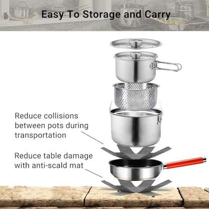 Camping Cookware Set 304 Stainless Steel Cooking Pots Pan Set with Travel Tote Bag for Camping Outdoor Kitchen Cooking Picnic for 4-6