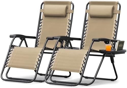 Homall Zero Gravity Chairs - Adjustable Folding Lawn Lounge Chairs with Pillows for Poolside, Backyard and Beach - Set of 2 (Cream-Coloured)