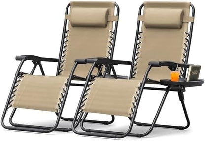 Homall Zero Gravity Chairs - Adjustable Folding Lawn Lounge Chairs with Pillows for Poolside, Backyard and Beach - Set of 2 (Cream-Coloured)