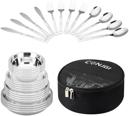 Camping Mess Kits - 28pcs Camping Dinnerware Set Camping Gifts Camping cookware Sets Camping Accessories Camping Cooking Utensils Set Bowls, Plates, Knives, Forks, Spoons