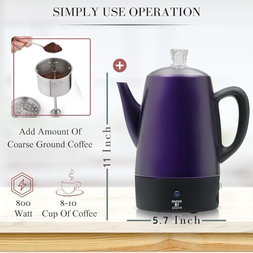 Moss & Stone 10 Cup Purpale Electric Percolator Coffee Pot, Stainless Steel