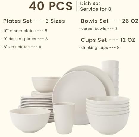 Homienly 40- Pieces Wheat Straw Dinnerware Set, Service for 8, Lightweight Roud Plates and Bowls Set, Unbreakable Dishes Set- Dinner Plates, Bowls, Cups,Microwave and Dishwasher Safe(White)