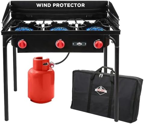 Hike Crew Cast Iron 3-Burner Outdoor Gas Stove | 225,000 BTU Portable Propane Cooktop w/Blue Flame Control, Removable Legs, Temperature Control Knobs, Wind Panel, Hose, Regulator & Storage Carry Case