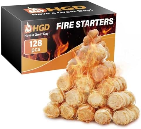 HGD Natural Fire Starters (128 Pcs) - Waterproof & Odorless Charcoal Starters for Fireplace, Campfire, BBQ, Grill, Fire Pit, Wood & Pellet Stove, Chimney, Pizza Oven & Smoker - Indoor & Outdoor Use