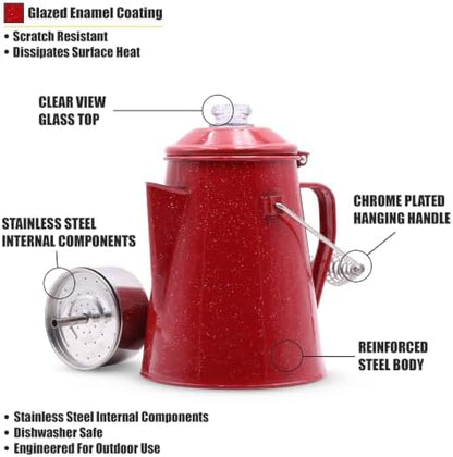 WILD Deluxe Camping Percolator Coffee Pot - Glazed Enamel Finish - Stainless Steel Internal Components - Hanging Handle - Clearview Glass Top - 10 Cups
