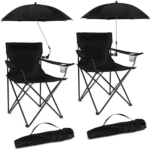 2PCS Camping Chairs with Detachable Umbrella, HaSteeL Folding Beach Chair for Adults, Large Portable Foldable Chair for Outdoors Fishing Hiking Travel Picnic Lawn, Supports 275lbs, Storage Bags, Black