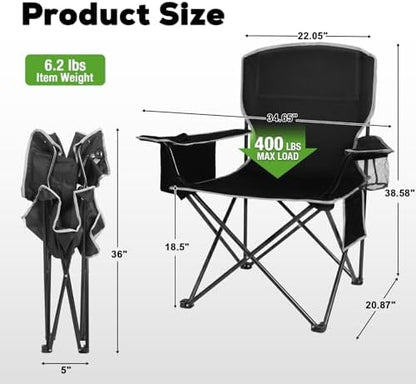 2-Pack Lightweight Heavy Duty Camping Chairs, Up to 400lbs Capacity Folding Chair with Cooler Bag & Cup Holder, Oversized Portable Lawn Chair for Outdoor, Fishing, Tailgating, Beach (Black)