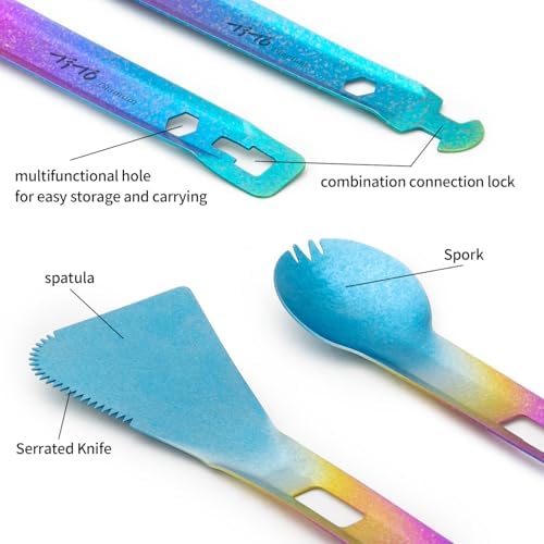 TiTo Titanium 4 in 1 Camping Cookware - Titanium BBQ Tongs, Spork, Knife and Spatula, Portable Lightweight Multi Tableware for Kitchen, Hiking, Backpacking, Outdoor Cooking, Travel, Picnics (Colorful)