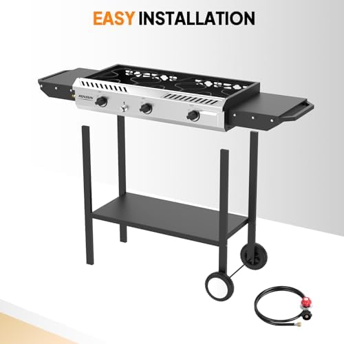 ROVSUN 3 Burner Propane Stove with Auto Ignition, 225,000 BTU Gas Stove with Side Shelves, Rolling Wheels & Regulator for Home Outdoor Backyard Camping Cooking Frying Brewing Canning