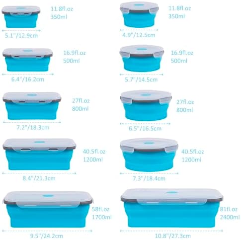Collapsible Food Storage Containers with Lids 10 Pack(81oz/58oz Extra Large Included), 6 Rectangular+4 Round, Annaklin Silicone Collapsible Food Containers Sets Microwave Freezer Dishwasher Safe, Blue
