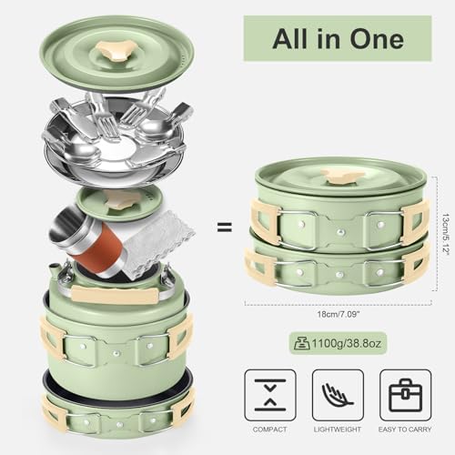Odoland 15pcs Camping Cookware Mess Kit, Lightweight Pot Pan Kettle Set