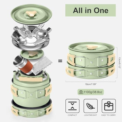 Odoland 15pcs Camping Cookware Mess Kit, Lightweight Pot Pan Kettle Set