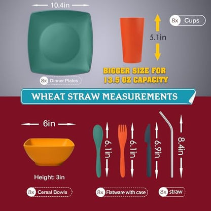 Teivio 56-Piece Plastic Wheat Straw Square Dinnerware Set for 8, Unbreakable Dinner Plates, Snack Bowls, Tumblers 13.5 oz, With Flatware,Dishwasher Safe, Outdoor Camping RV Dish, Autumn Multicolor