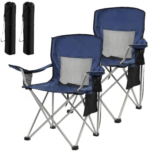 HULKFIT 2 Pack Folding Camping Chair – Heavy Duty Portable Outdoor Beach Chair for Adults with Breathable Mesh Back, Cup Holder & Carry Bag – Ideal for Backyard, Tailgating, Hiking & Travel,Navy Blue