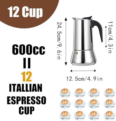 12 Cup Stovetop Espresso Maker Stainless Steel Moka Pot Stove Top Percolator Italian Coffee Makers Capable Mocha Greca Machine Cafe Classic Induction Cookers for Home and Camping 600ml 20oz