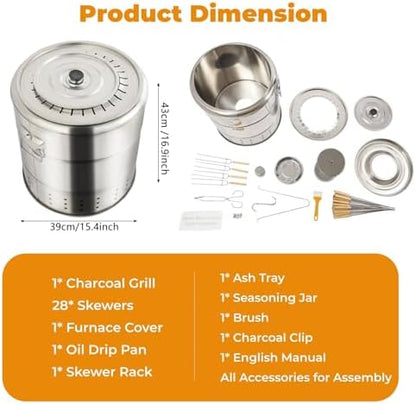 Portable Charcoal Grills, 2 in 1 Vertical Smoker, 360° Smokeless Stainless Steel BBQ Grill Barrel for Outdoor Barbecue, Camping, And Backyard Cooking (Medium-28 Skewers)