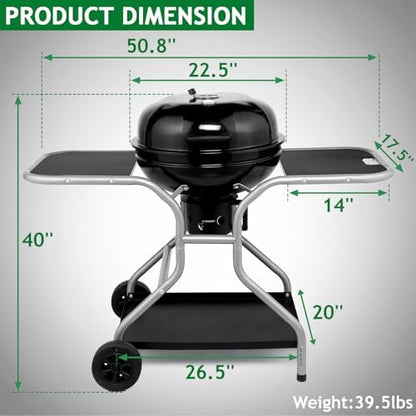 50.8" Portable Round Kettle Charcoal Grill,Metal Outdoor Barbecue Smoker,Heavy Duty Outdoor BBQ Grill,Vertical Camping Barbecue Grill,with Side Tables,for Garden Patio Beach Backyard (Black)