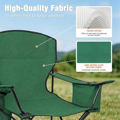 Camping Chairs for Adults, 2 Pack Heavy Duty Folding Chair with 4-Can Cooler Bag, Portable Outdoor Chair with Cup Holder, Collapsible for Tailgating, Beach, Fishing, Green