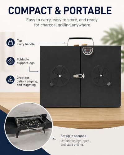 Charmline Portable Tabletop Charcoal Grill with Lid, Thermometer & Handle