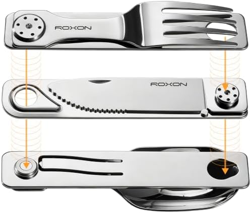 ROXON 3-in-1 Camping Utensils Set with Case (Knife, Spoon, Fork) Silver