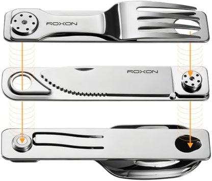 ROXON 3-in-1 Camping Utensils Set with Case (Knife, Spoon, Fork) Silver