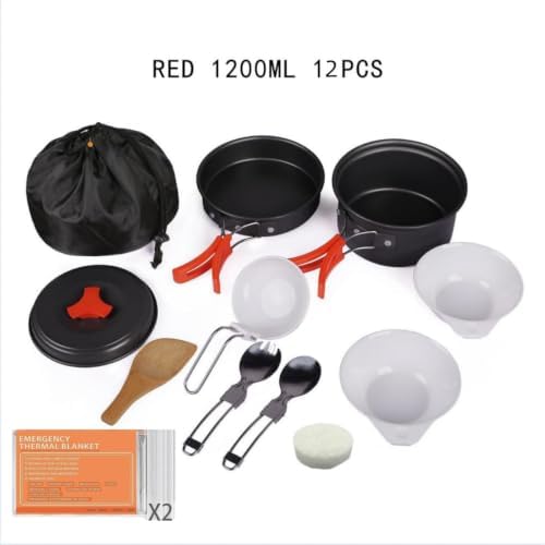 12-Piece Lightweight Camping Cookware Set – Nonstick Pot, Pan & Utensils for Backpacking & Hiking – Portable Mess Kit for 1–2 People, Bonus 2 Emergency Blankets