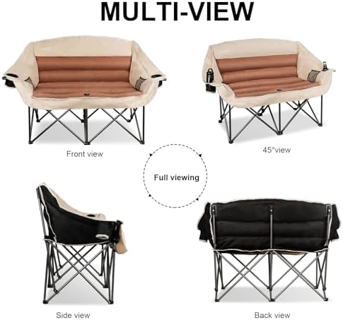 Double Folding Camping Chair Fully Padded Loveseat Camping Couch Oversized 2 Person Lawn Chair Sofa w/Cup Holder,Wine Glass Holder,Mesh Storage for Patio Picnic Beach,Support 600lbs,Cream