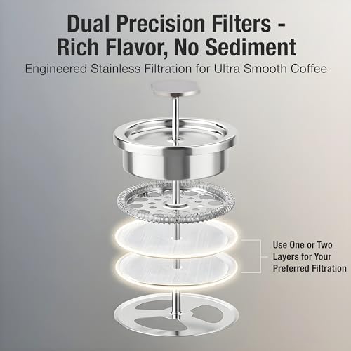 Travel French Press Coffee Maker Set - 12 oz | Portable Travel French Press Coffee Maker | Double Wall Insulated with Dual Stainless Filters & 2 Steel Canisters for Grounds, Tea, Creamer & Sugar